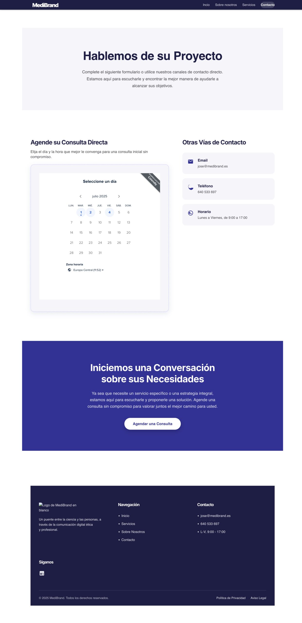 Página de contacto y funnel de MediBrand
