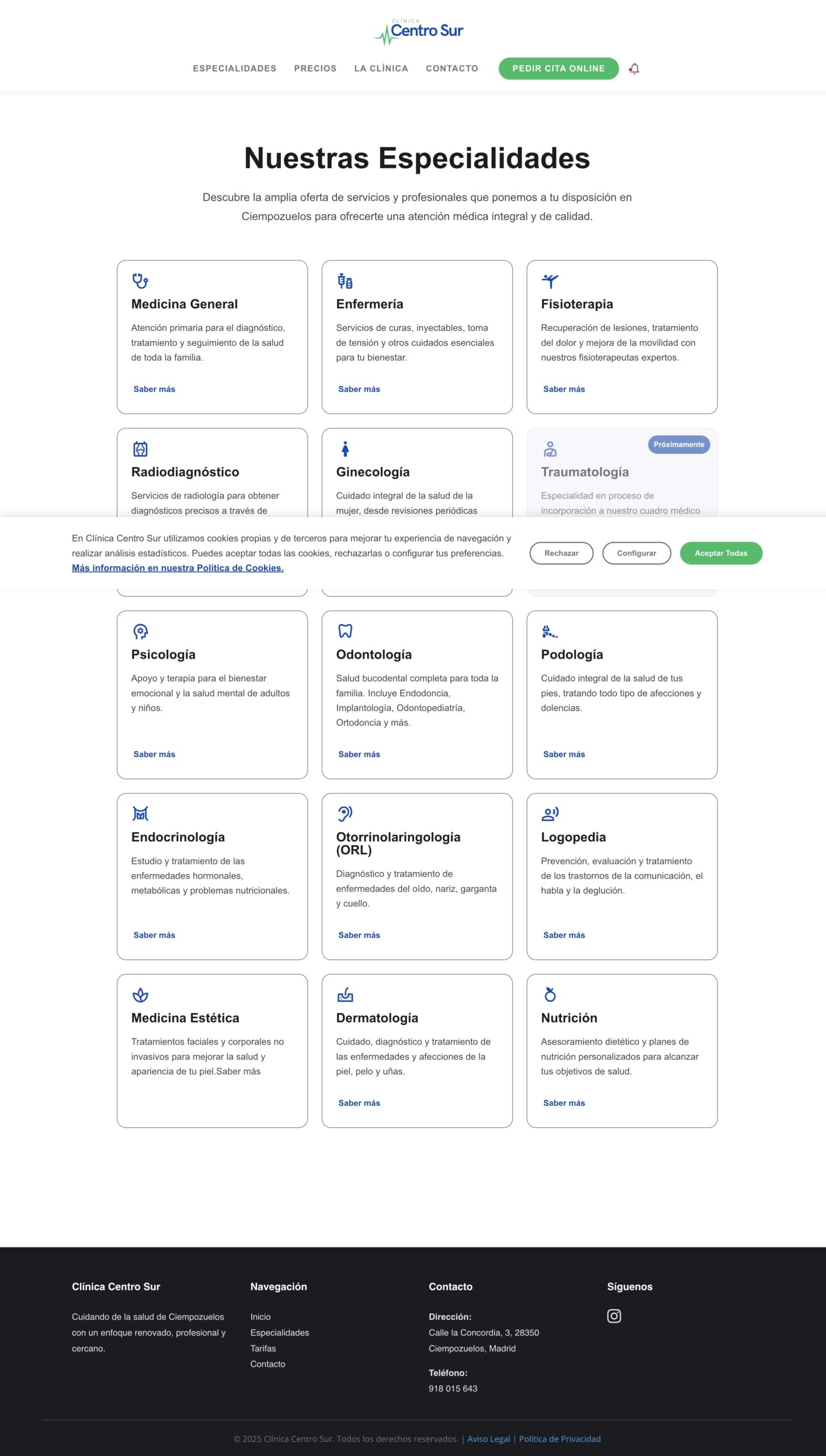 Página de especialidades
