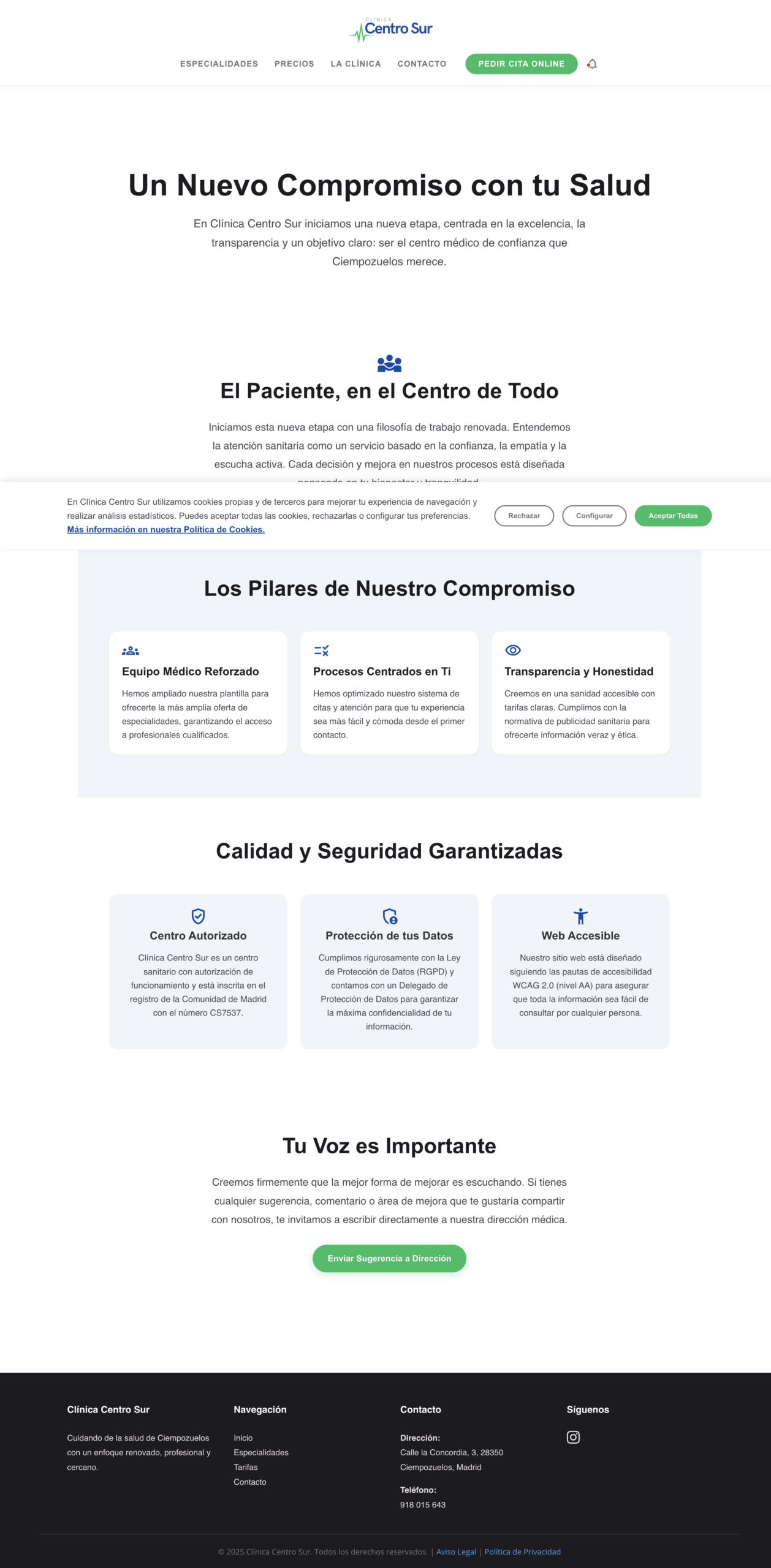 Página sobre la clínica