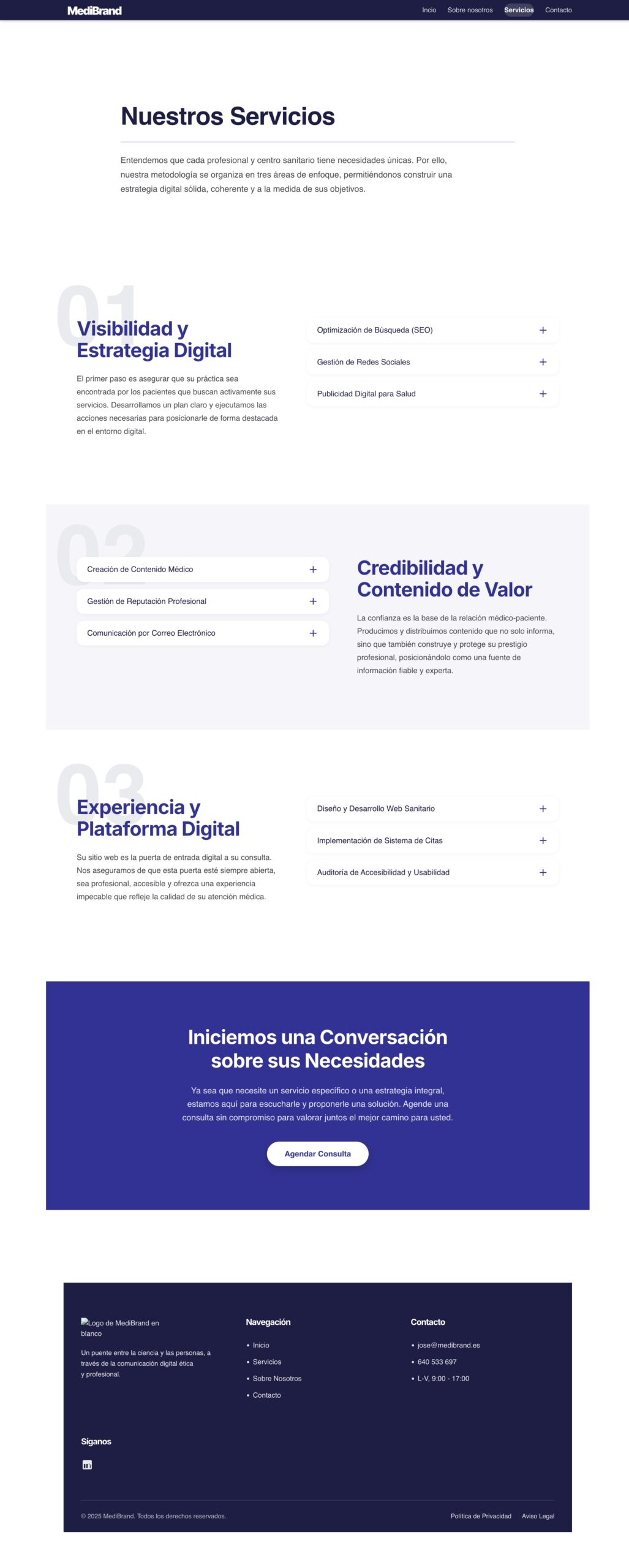 Página de servicios de MediBrand